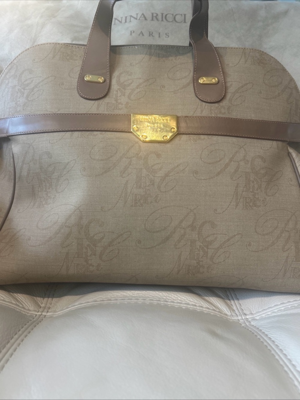Nina Ricci Beige Canvas Coated Vintage Satchel with Brown Leather Trim/Gold - Picture 6 of 12